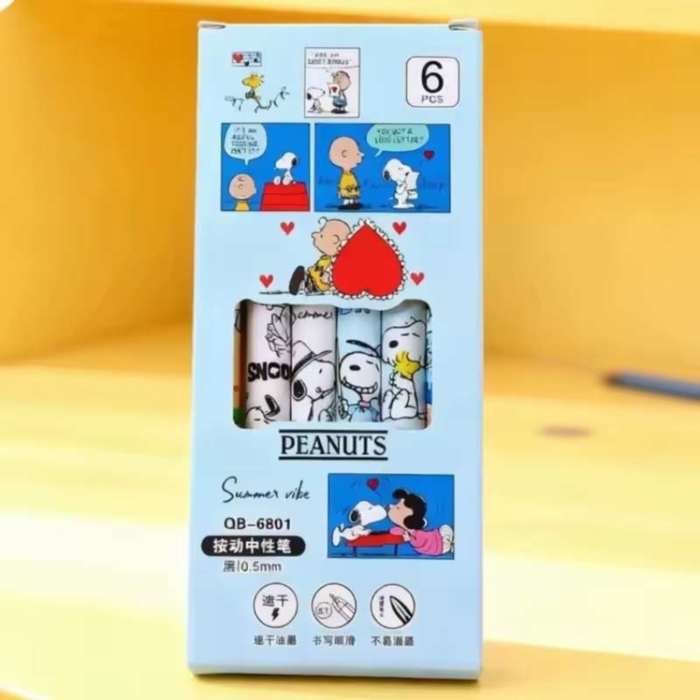 Peanuts Gel Pen Set Snoopy Woodstock Charlie Brown Cartoon 6-Pack Kids